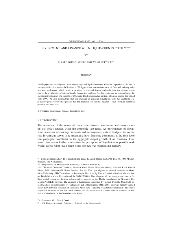 (PDF) Investment and Finance when Liquidation is Costly Wilko