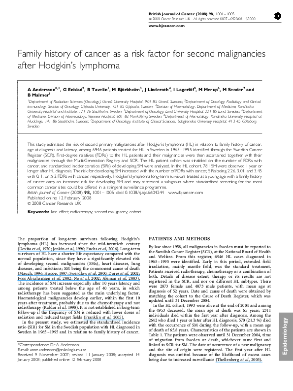 (PDF) Family history of cancer as a risk factor for second malignancies ...