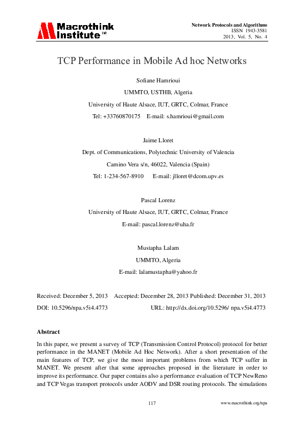 (PDF) TCP Performance in Mobile Ad hoc Networks