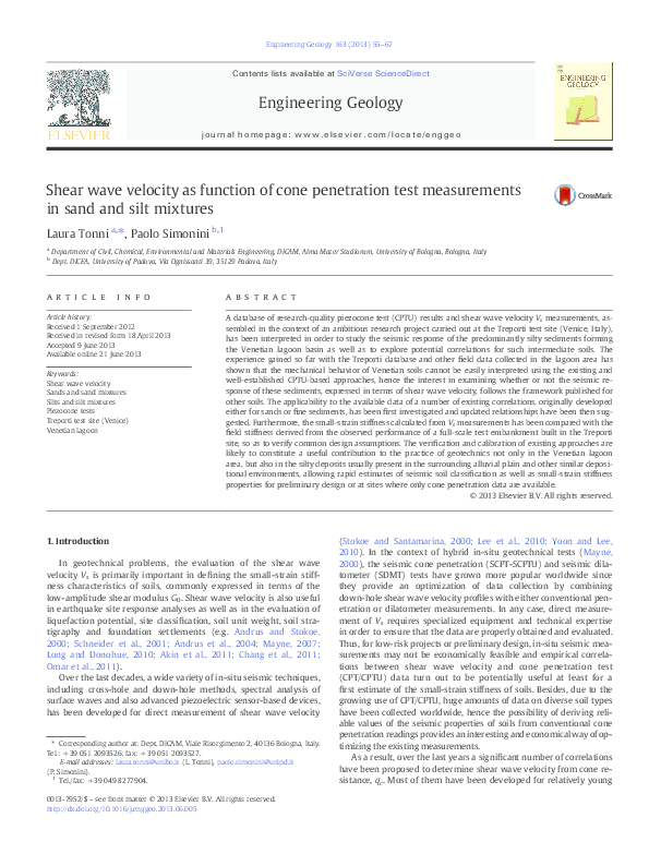 PDF Shear wave velocity as function of cone penetration test measurements in sand and silt mixtures