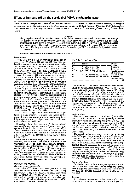 (PDF) Effect of iron and pH on the survival of Vibrio cholerae in water