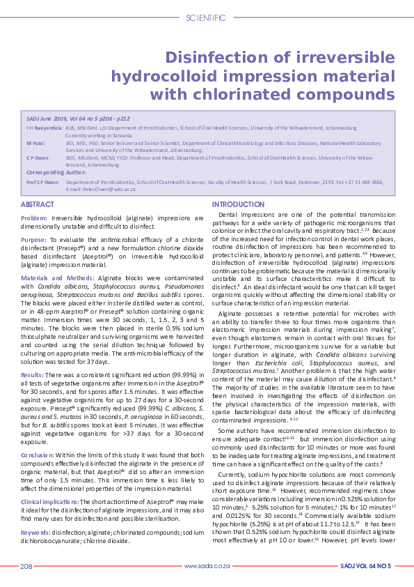 (PDF) Disinfection of irreversible hydrocolloid impression material