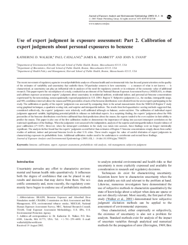 (PDF) Use of expert judgment in exposure assessment: Part 2 ...