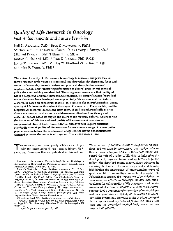(PDF) Quality of life research in oncology. Past achievements and ...