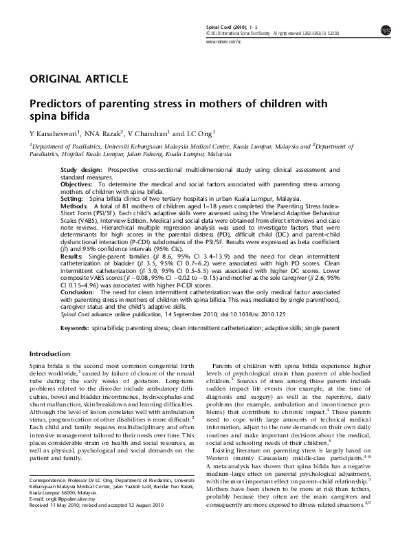 (PDF) Predictors of parenting stress in mothers of children with spina ...