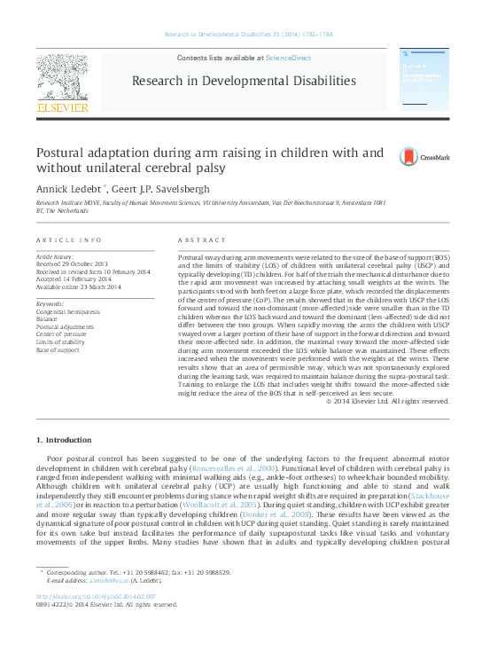 (PDF) Postural adaptation during arm raising in children with and ...
