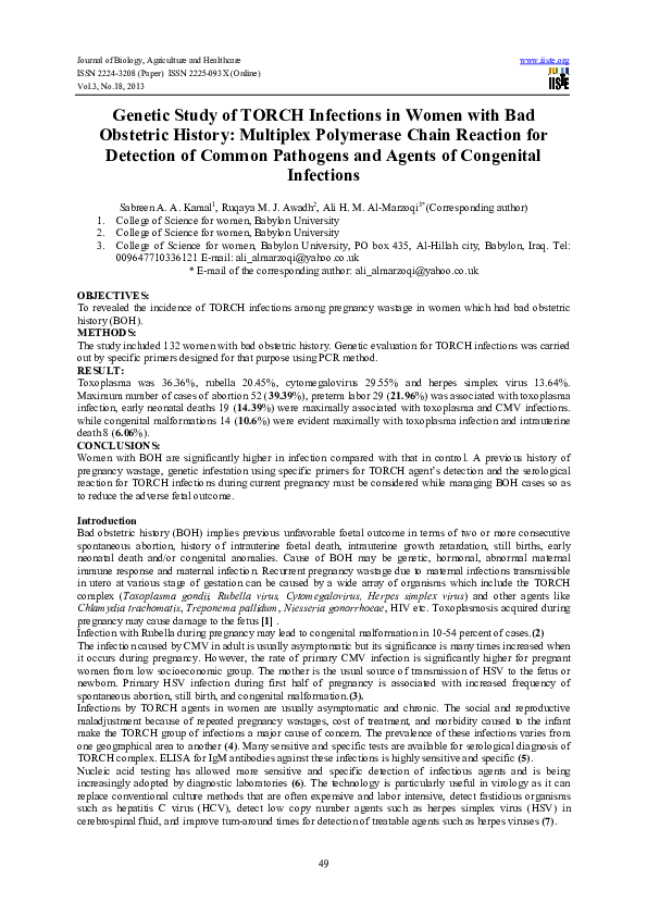 (PDF) Study of TORCH Infections in Women with Bad Obstetric