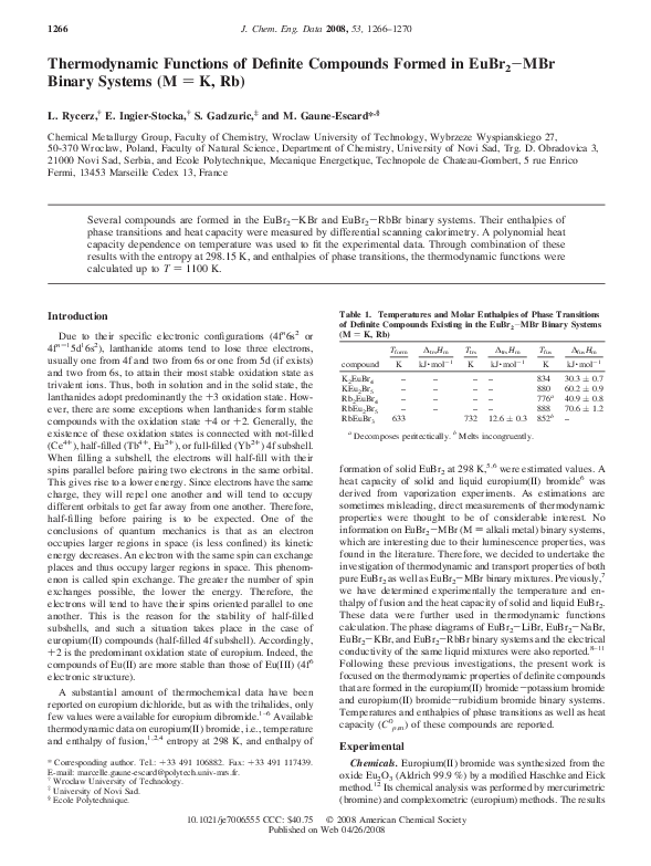 (PDF) Thermodynamic Functions of Definite Compounds Formed in EuBr 2 − ...