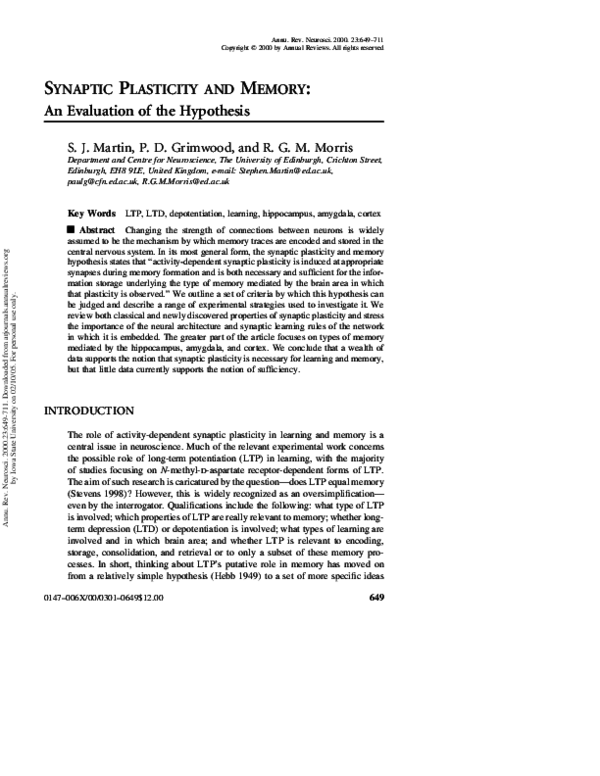 (PDF) Synaptic Plasticity and Memory: An Evaluation of the Hypothesis
