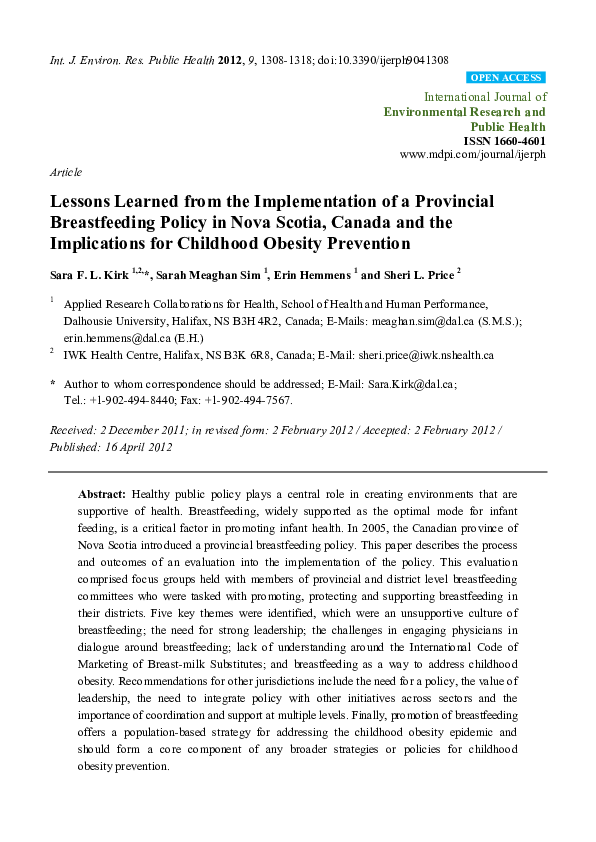 (PDF) Lessons Learned from the Implementation of a Provincial Breastfeeding Policy in Nova