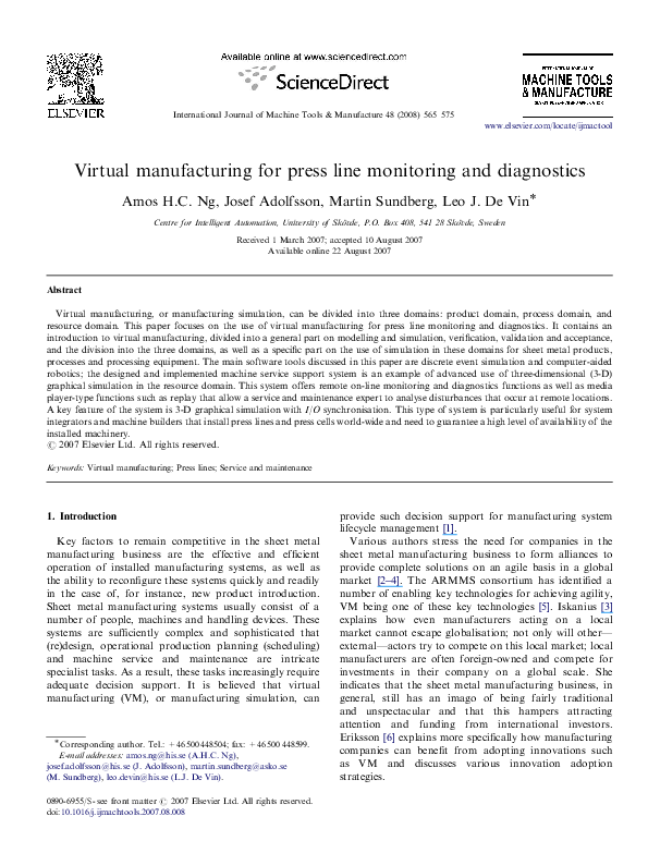 (PDF) Virtual manufacturing for press line monitoring and diagnostics