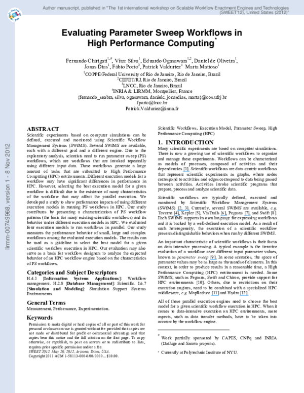 (PDF) Evaluating parameter sweep workflows in high performance computing