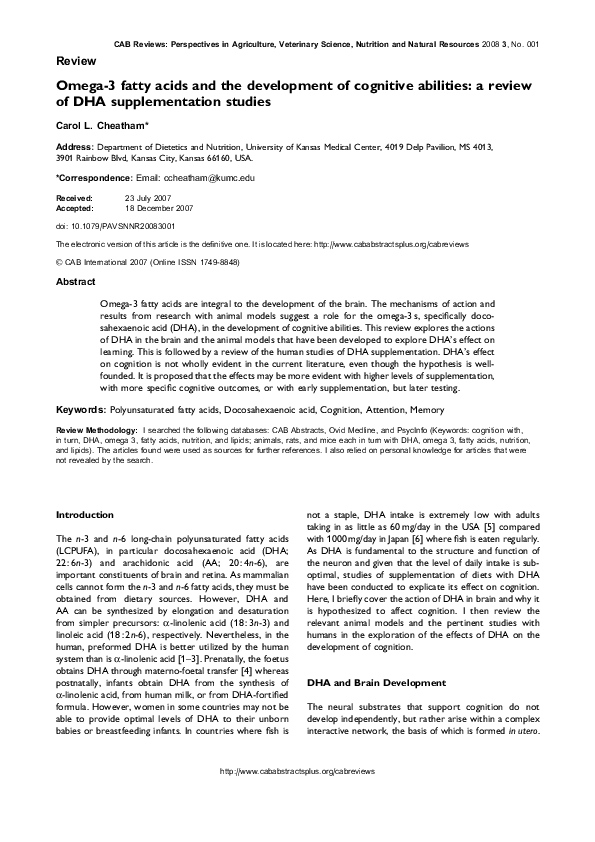 (PDF) Omega3 fatty acids and the development of cognitive abilities a