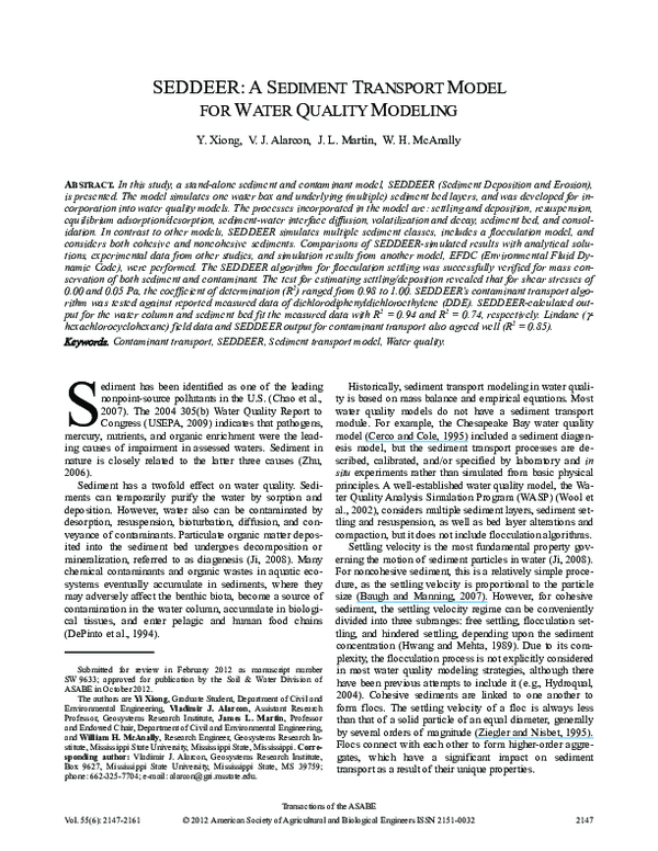  PDF SEDDEER A Sediment Transport Model For Water Quality Modeling Vladimir Alarcon And 