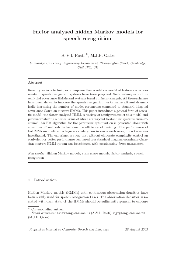 (PDF) Factor analysed hidden Markov models for speech recognition