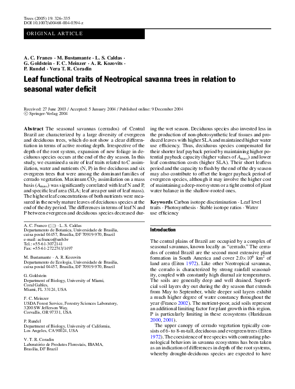 (PDF) Leaf functional traits of Neotropical savanna trees in relation ...
