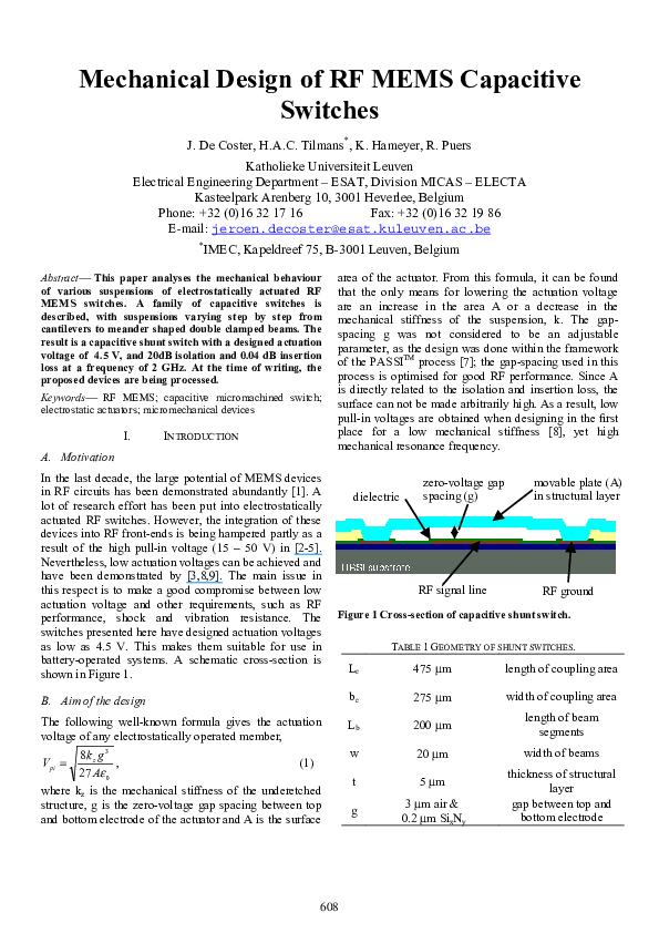 (PDF) Mechanical Design of RF MEMS Capacitive Switches