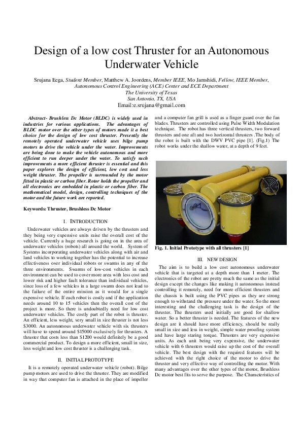 (PDF) Design of a low cost Thruster for an Autonomous Underwater Vehicle