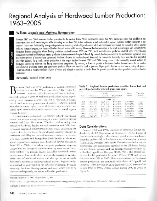 (PDF) Regional Analysis of Hardwood Lumber Production 19632005