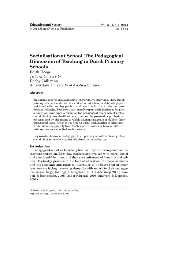 Socialisation at School. The Pedagogical Dimension of Teaching in Dutch ...