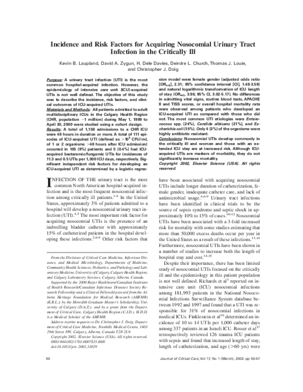 (PDF) Incidence and risk factors for acquiring nosocomial urinary tract ...