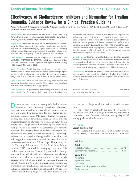 (PDF) Effectiveness of Cholinesterase Inhibitors and Memantine for ...