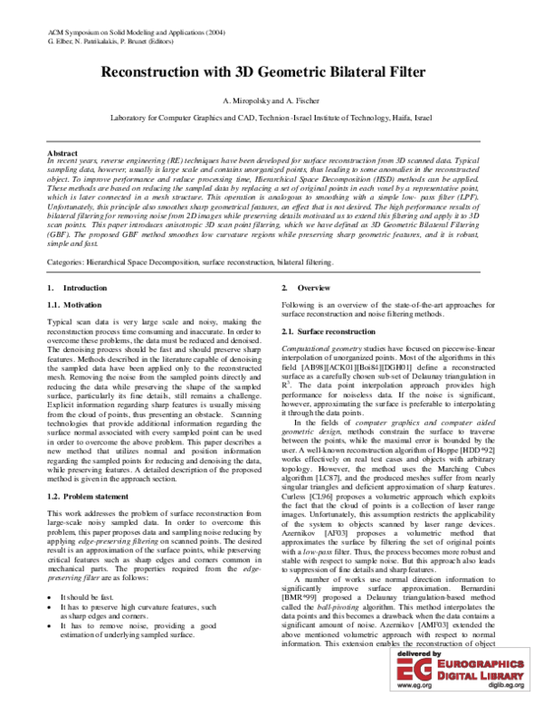 (PDF) Reconstruction with 3D geometric bilateral filter