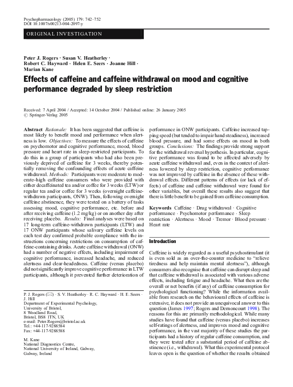 (PDF) Effects of caffeine and caffeine withdrawal on mood and cognitive ...