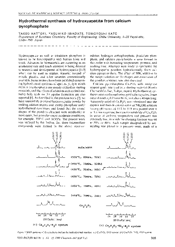 (PDF) Hydrothermal synthesis of hydroxyapatite from calcium pyrophosphate