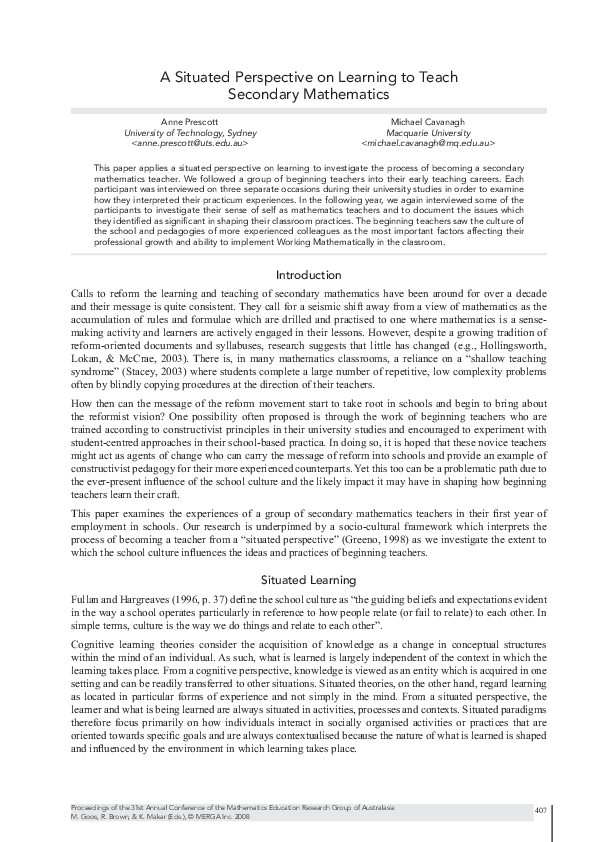 (PDF) A Situated Perspective on Learning to Teach Secondary Mathematics