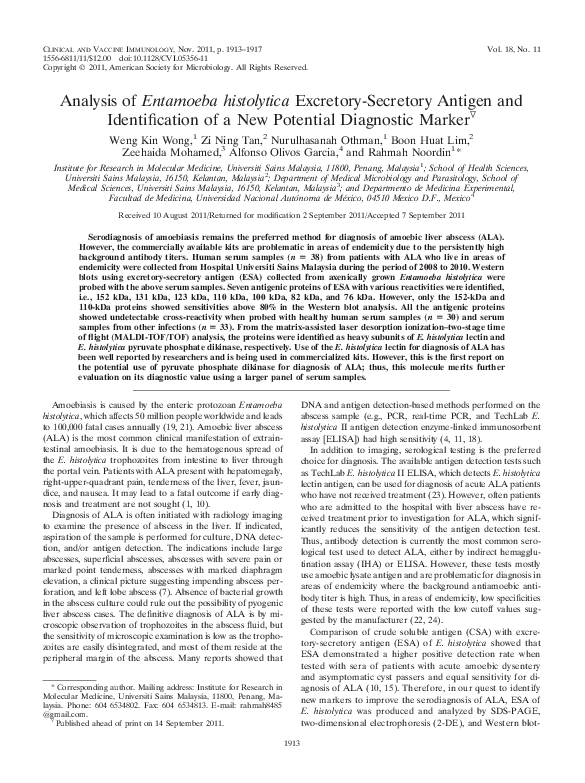 (PDF) Analysis of Entamoeba histolytica Excretory-Secretory Antigen and ...