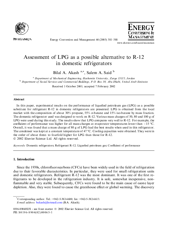 (PDF) Assessment of LPG as a possible alternative to R12 in domestic