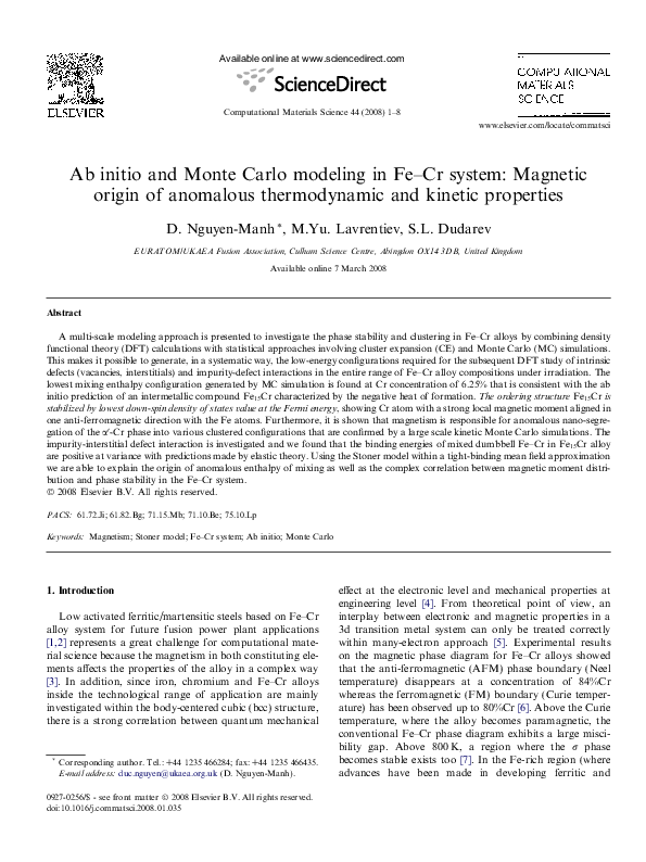 (PDF) Ab initio and Monte Carlo modeling in Fe–Cr system: Magnetic ...