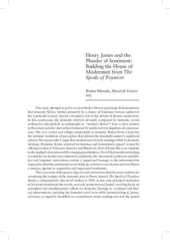 (PDF) Henry James and the Plunder of Sentiment Building the House of