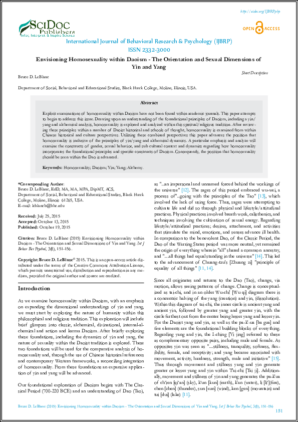 Pdf Envisioning Homosexuality Within Daoism The Orientation And Sexual Dimensions Of Yin And Yang Bruce Leblanc And International Journal Of Behavioral Research Psychology Ijbrp Academia Edu