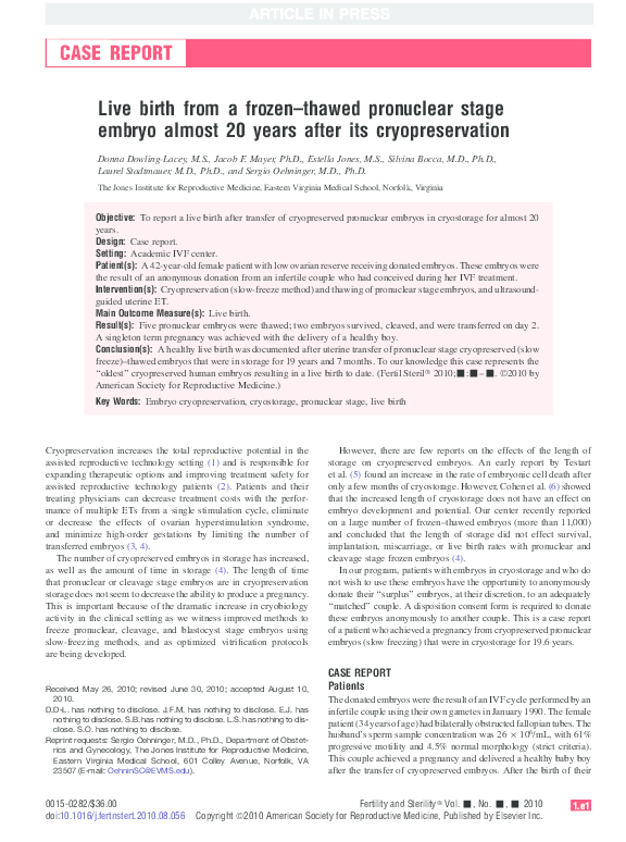 (PDF) Live birth from a frozen–thawed pronuclear stage embryo almost 20 ...