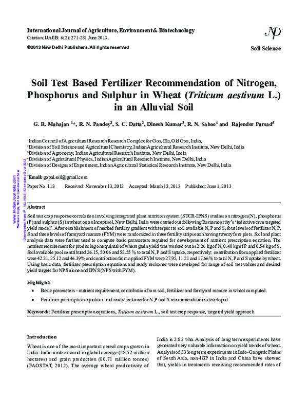 (PDF) Soil Test Based Fertilizer of Nitrogen, Phosphorus and Sulphur in Wheat