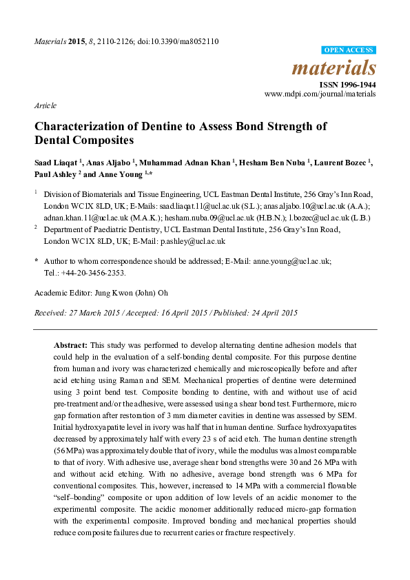 (PDF) Characterization of Dentine to Assess Bond Strength of Dental