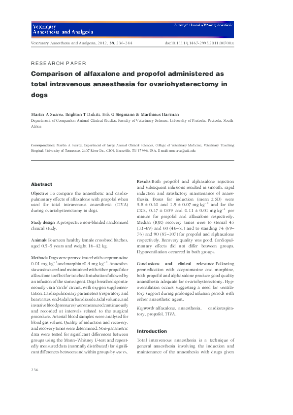 Pdf Comparison Of Alfaxalone And Propofol Administered As - 