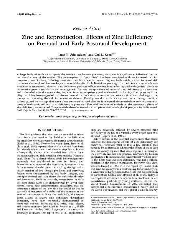 (PDF) Zinc and reproduction effects of zinc deficiency on prenatal and