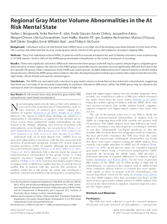 (PDF) Regional Gray Matter Volume Abnormalities in the At Risk Mental State