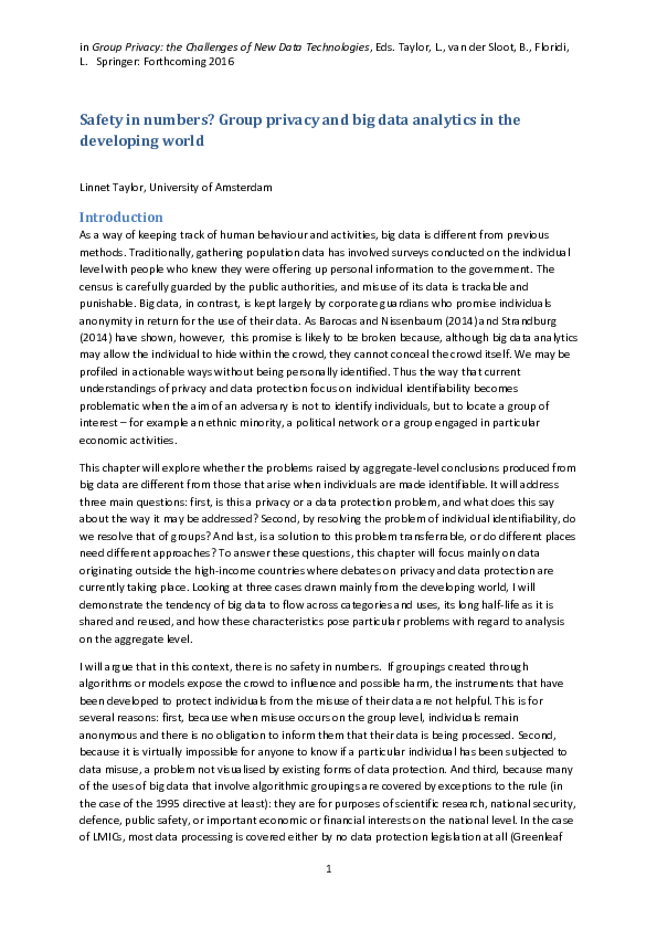(PDF) Safety in numbers? Group privacy and big data analytics in the