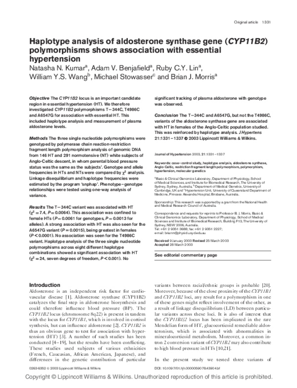 (PDF) Haplotype analysis of aldosterone synthase gene (CYP11B2 ...