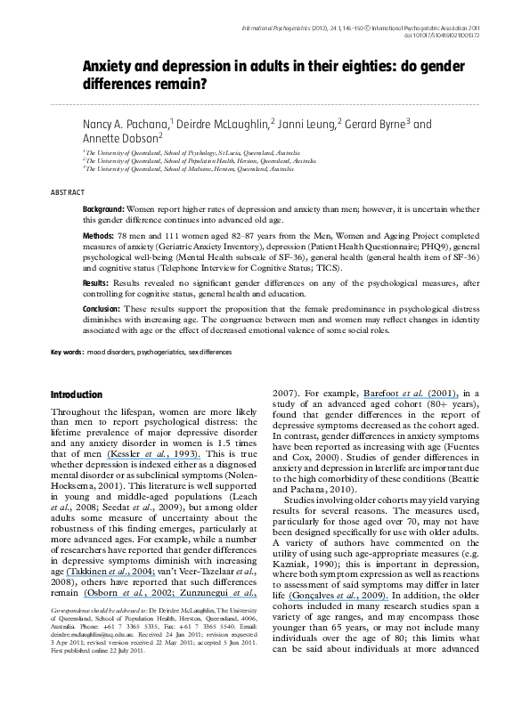 (PDF) Anxiety and depression in adults in their eighties: do gender ...