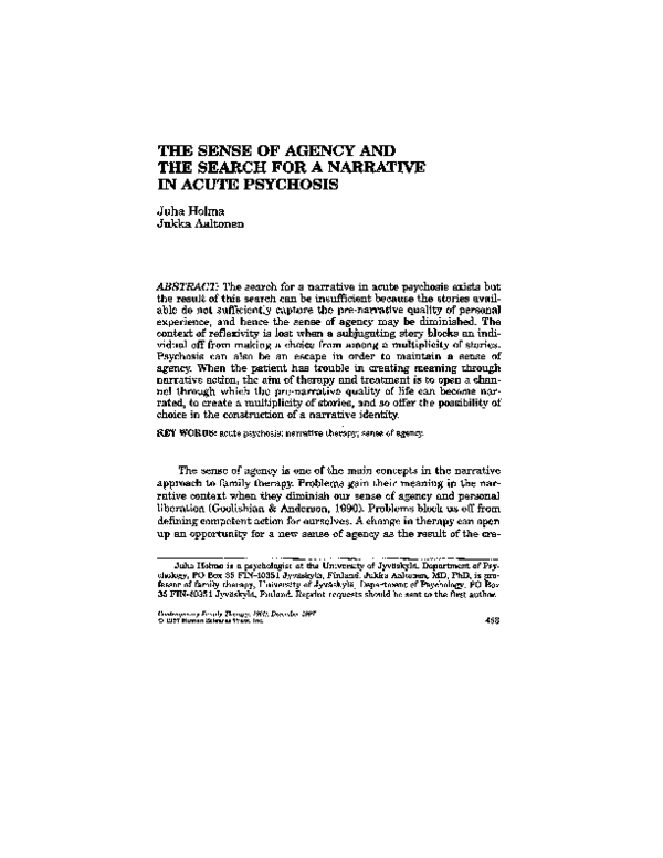 (PDF) The Sense of Agency and the Search for a Narrative In Acute Psychosis