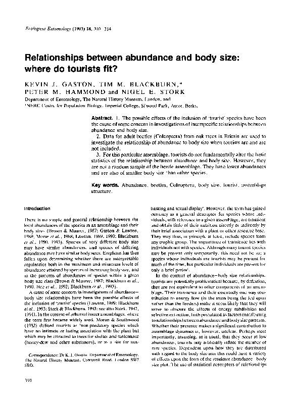 (PDF) Relationships between abundance and body size: where do tourists fit?