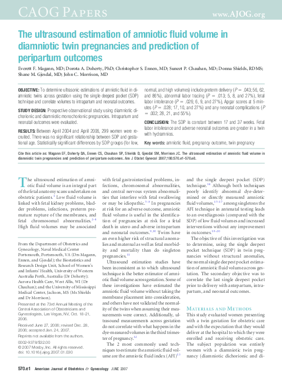 (PDF) The ultrasound estimation of amniotic fluid volume in diamniotic ...