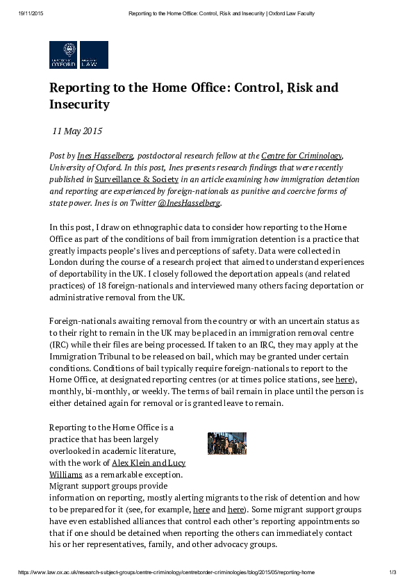 (PDF) Reporting to the Home Office: Control, Risk and Insecurity