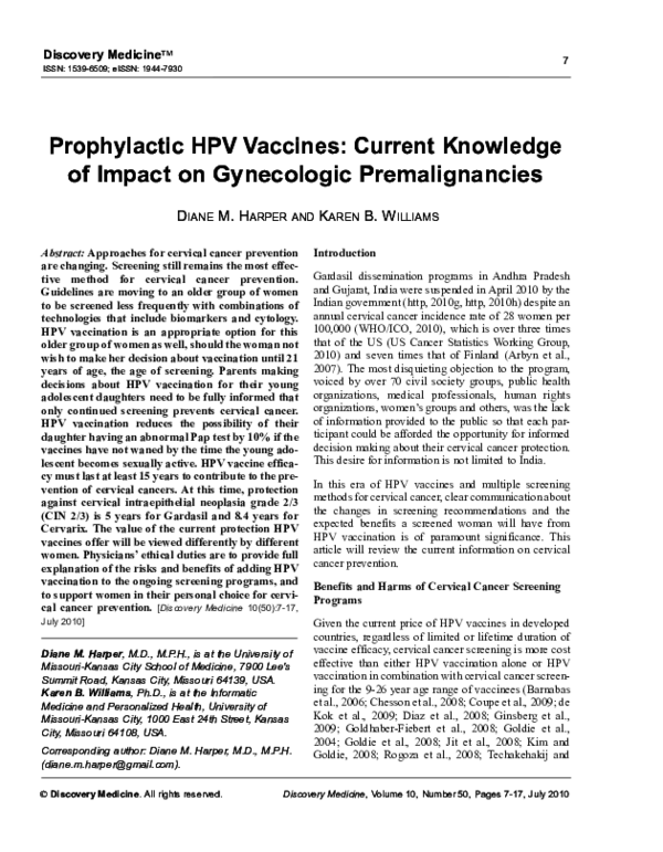 (PDF) Prophylactic HPV vaccines: current knowledge of impact on ...