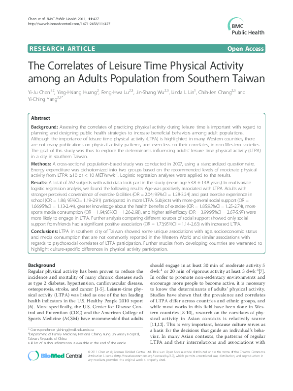 (PDF) The Correlates of Leisure Time Physical Activity among an Adults ...